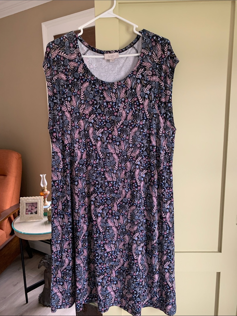 LOFT Black Floral-Print Midi Dress with Pink and Blue Accents
